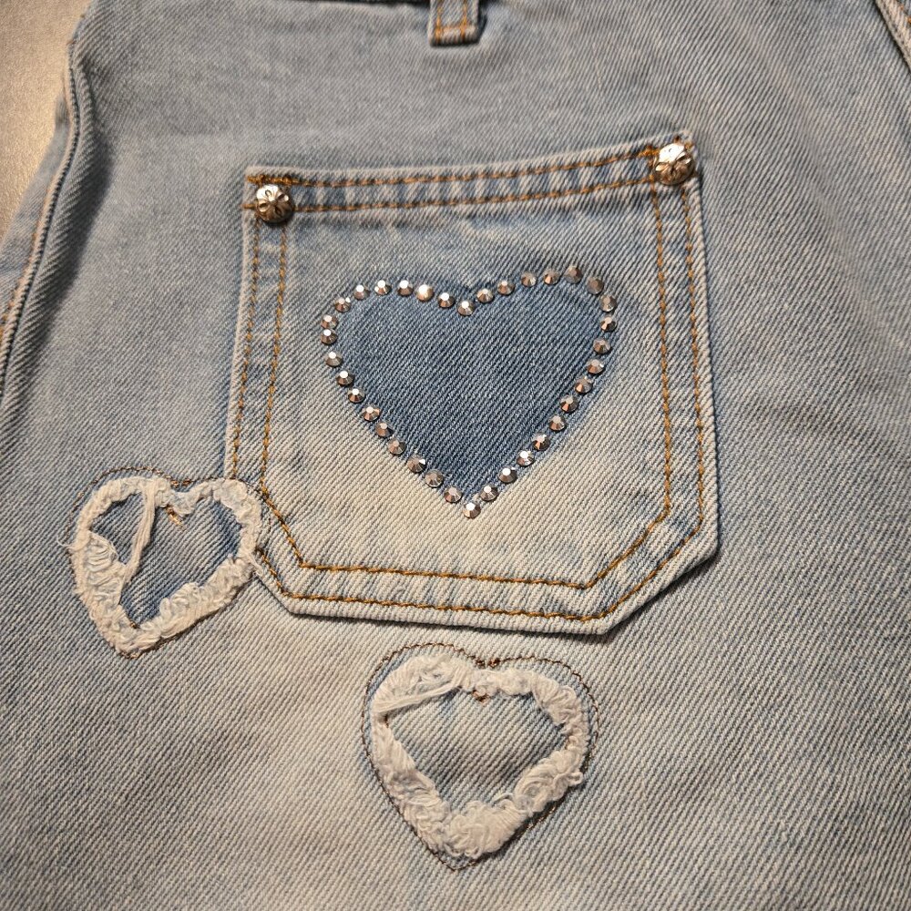NEW 2026 Heart Patchwork rhinestone Denim Jean Shorts - Picture 5 of 6